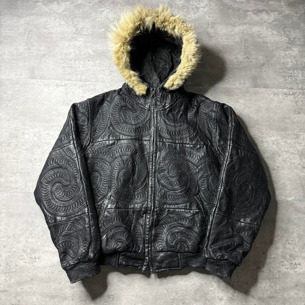 Y2K Vintage 2000s East Side NYC Grail Embossed Leather Fur Hood Bomber Jacket